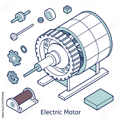Electric motor and its components isolated isometric illustration with technical drawing white background motor assembly motor parts components assembly disassembled illustration isometric