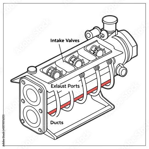 Internal combustion engine cylinder head with labeled parts intake valves exhaust ports engine component automotive engineering vehicle parts engine diagram mechanical engineering automotive