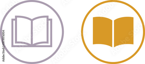 Two circular icons featuring open book symbols in outline and solid gold styles for education