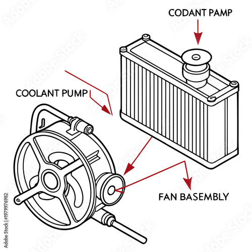 Automotive radiator coolant pump fan assembly schematic diagram with cooling system technical drawing auto repair heat exchanger fluid dynamics engineering graphic components illustration