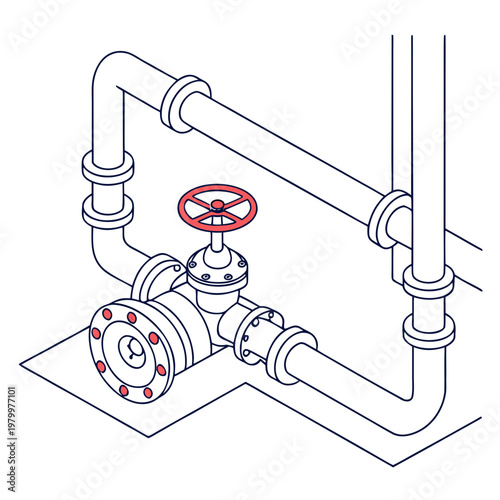 Isometric industrial pipeline with red valve and flanges line art pipeline industrial industry engineering infrastructure manufacturing facility mechanical isometric illustration blueprint