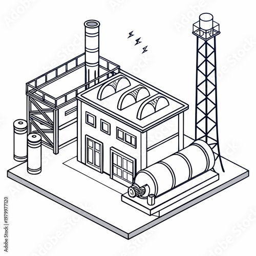 Isometric drawing of a chemical plant facility with line art industrial complex industrial chemical facility building smokestack manufacturing industry production isometric illustration