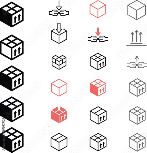 Isometric cube packaging icons set with delivery logistics symbols 3D box collection for shipping warehouse and storage design