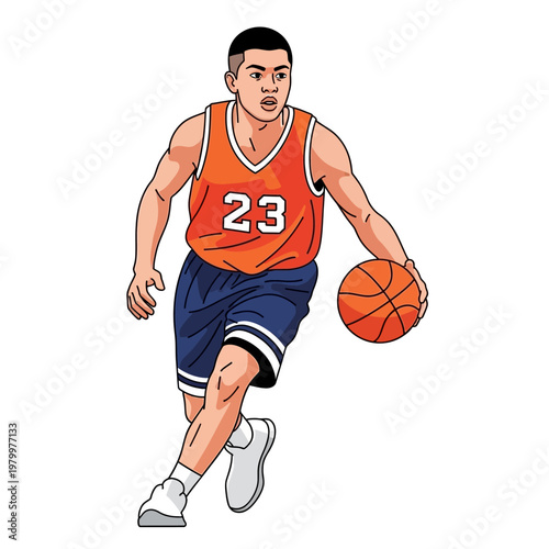 Young Basketball Player Dribbling Ball, Athletic Sports Action, Number 23 Jersey