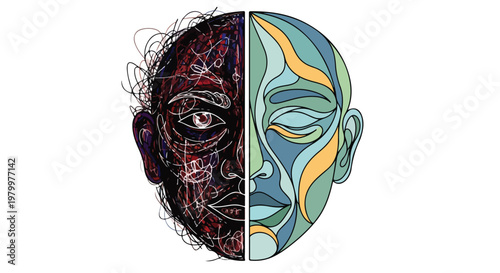 Split face illustration with contrasting halves showing duality and inner conflict with mixed emotions