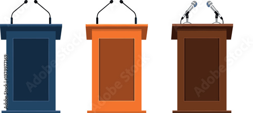 Podium tribune set with microphones for speech presentation debate and conference flat vector illustration isolated on background