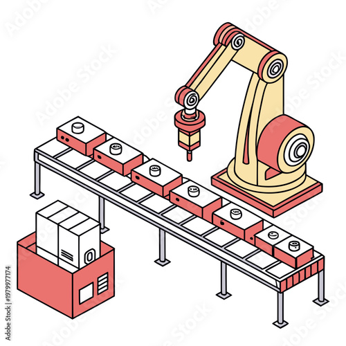 Isometric view of robotic arm working on a production line with conveyor belt supply chain industrial robot mechanical arm automated system isometric industry manufacturing automation