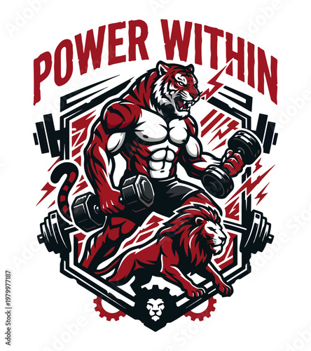 Aggressive muscular tiger and powerful lion lifting weights and roaring with lightning and gears symbolizing raw strength and animalistic  vintage retro gym t-shirt design