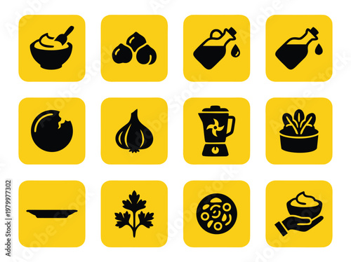 Set of Hummus and Ingredients Icons on Yellow Background.