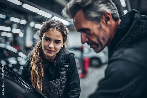 Mechanic and apprentice discuss vehicle engine maintenance inside a modern automotive workshop.