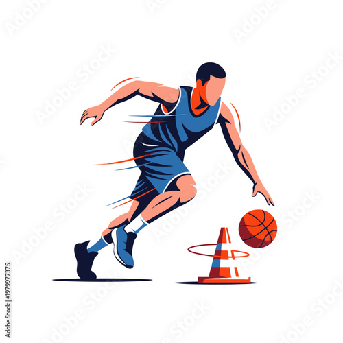 Basketball player dribbling around a cone, dynamic action illustration