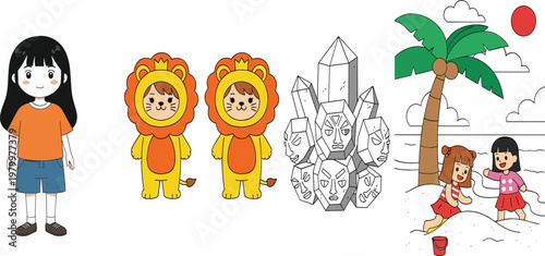 Girl character lion costumes crystal minerals and children playing on beach cartoon vector illustration collection for kids lifestyle design