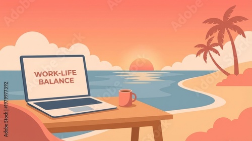 Laptop with work-life balance text on screen, placed on a wooden table at a tropical beach during a sunset with palm trees and ocean view