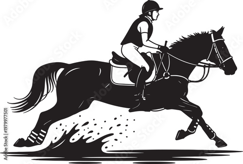 Equestrian Riding Black Horse Jumping on White Background