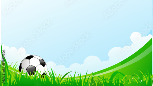 A soccer ball positioned on a lush green field under a clear sky