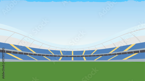 Modern stadium with empty blue seats under a clear sky