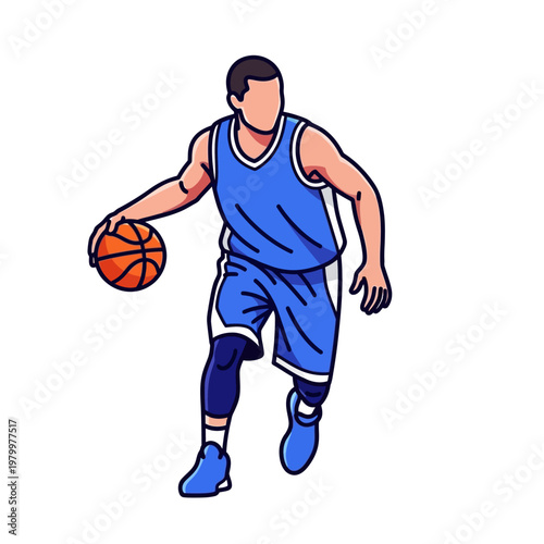 Basketball Player Dribbling Ball, Athletic Man in Blue Uniform Playing Sports