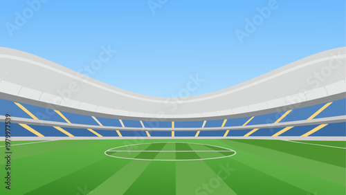 Vast stadium with green field and empty blue seats under clear sky