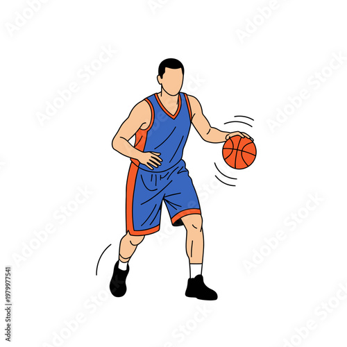 Basketball Player Dribbling Ball, Athletic Sports Action, Dynamic Movement, Clean Vector Illustration