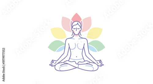 Serene woman meditating in lotus position with colorful lotus flower behind her for wellness and mindfulness concepts