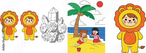 Cute lion costume characters crystal minerals and kids playing on beach cartoon vector illustration collection for children design