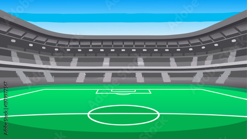 A digital rendering of an empty stadium soccer field under bright lighting conditions