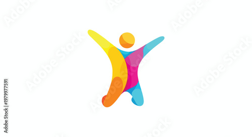 Vibrant multicolored human figure in dynamic jumping pose with arms outstretched in colorful abstract illustration