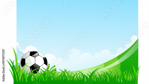 A soccer ball resting on a lush green field under a clear sky