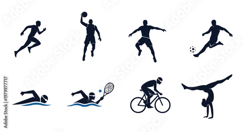 Collection of silhouettes of people engaged in various sports and fitness activities on white background