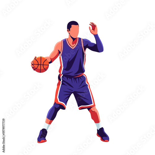 Basketball player dribbling ball, dynamic pose, athletic sport illustration