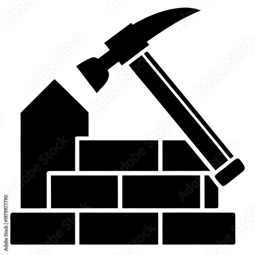 Black silhouette of a pickaxe on a brick wall construction building tools