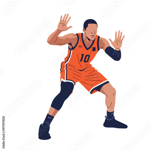 Basketball Player in Orange Uniform Defending, Athletic Sports Illustration