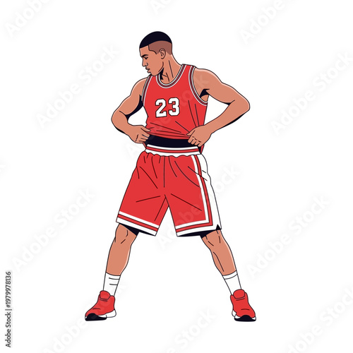 Basketball Player in Red Uniform Adjusting Jersey, Number 23, Dynamic Pose