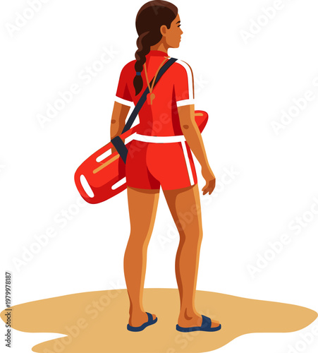 Back view of female lifeguard standing on beach with rescue equipment
