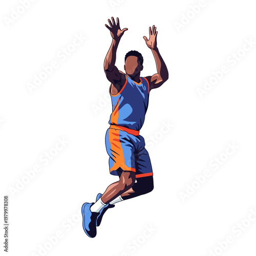 Basketball player jumping, reaching for ball, athletic action, isolated on white background