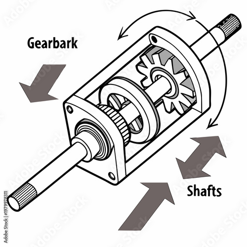 Cutaway diagram of a differential gearbox with arrows gear train differential mechanism mechanical illustration rotation technical engineering transmission automotive industry technology