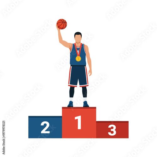 Basketball Player on Podium Holding Ball and Medal - Champion Victory