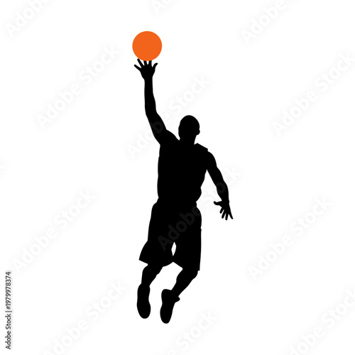 Basketball Player Silhouette Dunking Orange Ball on White Background
