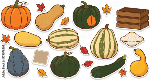 Autumn Harvest Collection with Pumpkins, Gourds, and Squash