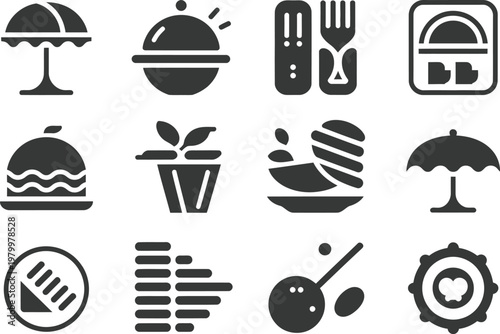 Collection of restaurant and dining service icons featuring tableware utensils catering platters and outdoor patio furniture