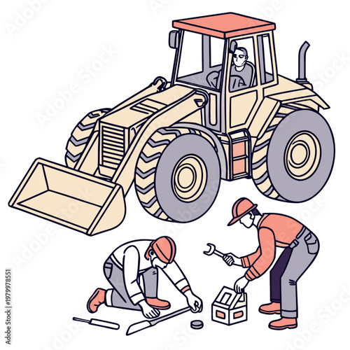 Construction workers and a front-end loader with a person driving heavy equipment construction site line art construction team heavy vehicle construction machinery equipment industry