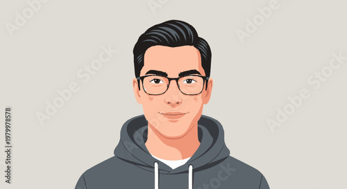 Young man in glasses portrait with a grey hoodie and a neutral background