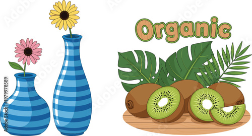 Blue striped vases with flowers and organic kiwi fruit label tropical healthy food cartoon vector illustration collection