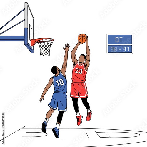 Basketball players competing for a shot at the hoop, digital art style