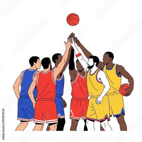 Basketball team celebrating victory, players high fiving over basketball