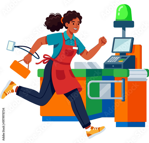 Black female cashier running past grocery checkout counter in red apron