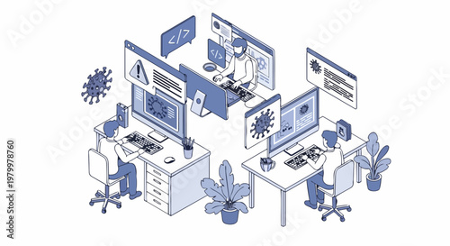 Isometric Cybersecurity Illustration of Developers Dealing with Computer Virus and Malware in a Modern Office Workspace