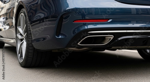 Close up of dark blue modern car rear bumper with chrome exhaust pipe parked on asphalt