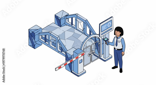 Isometric Security Guard at Access Control Point with Barrier Gate and Scanning Terminal