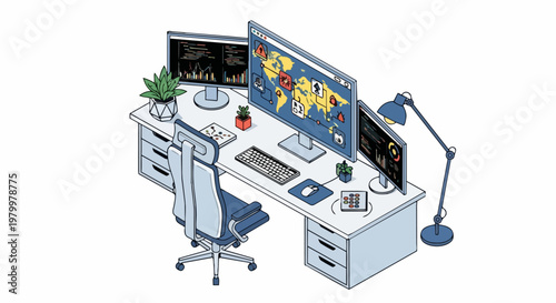 Isometric Cybersecurity Operations Center Workspace with Global Network Monitoring Data Dashboards and Multiple Computer Monitors Illustration